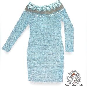 Sheilay Large Knit Long Sleeve Gray Dress with White Pearls a round neck NWT